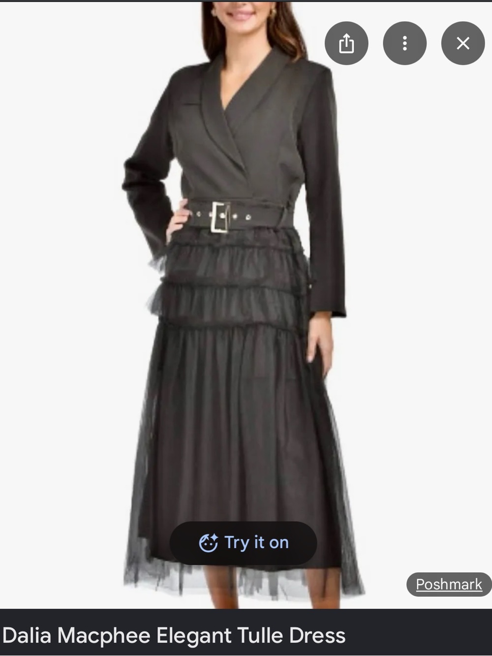 Dalia MacPhee Black Elegant Tulle Dress Tiered Ruffle Midi Long Sleeve Formal